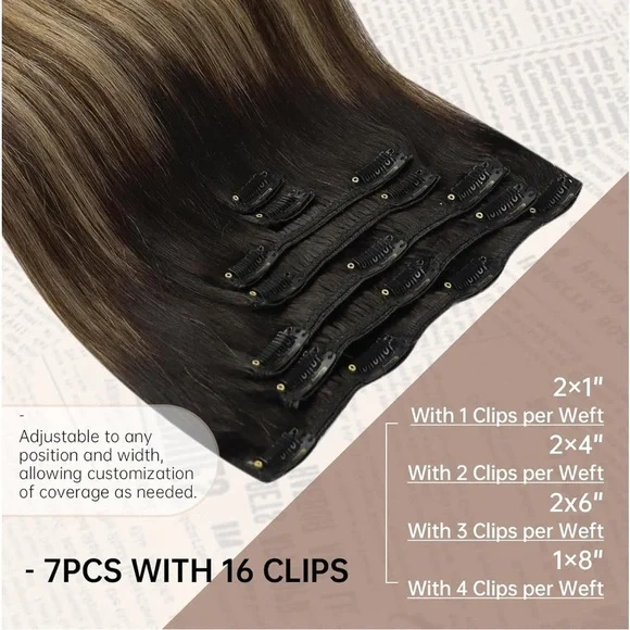 Sunny Hair Clip in Real Human Hair Black Ombre Dark Brown Caramel Blonde - Picture 3 of 11